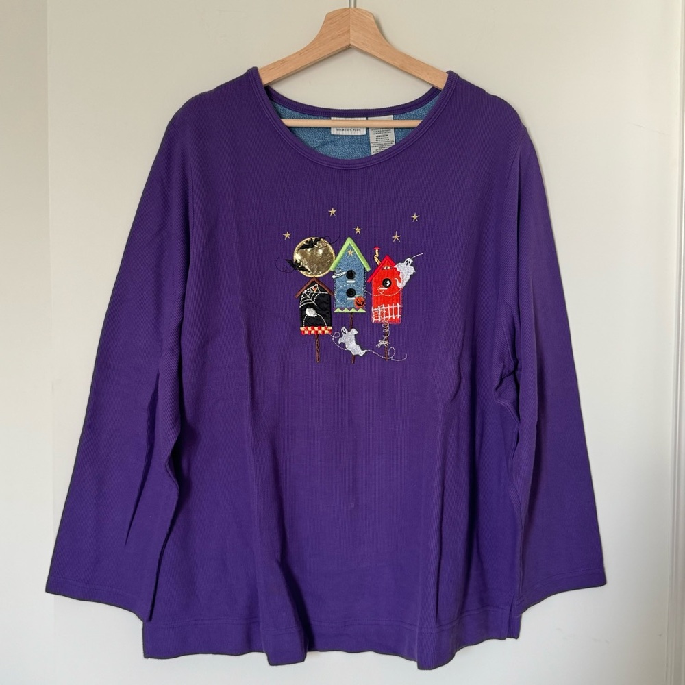 Woman’s Plus White Stag Halloween Shirt, Purple, Bird House Embroidered 18W/20W